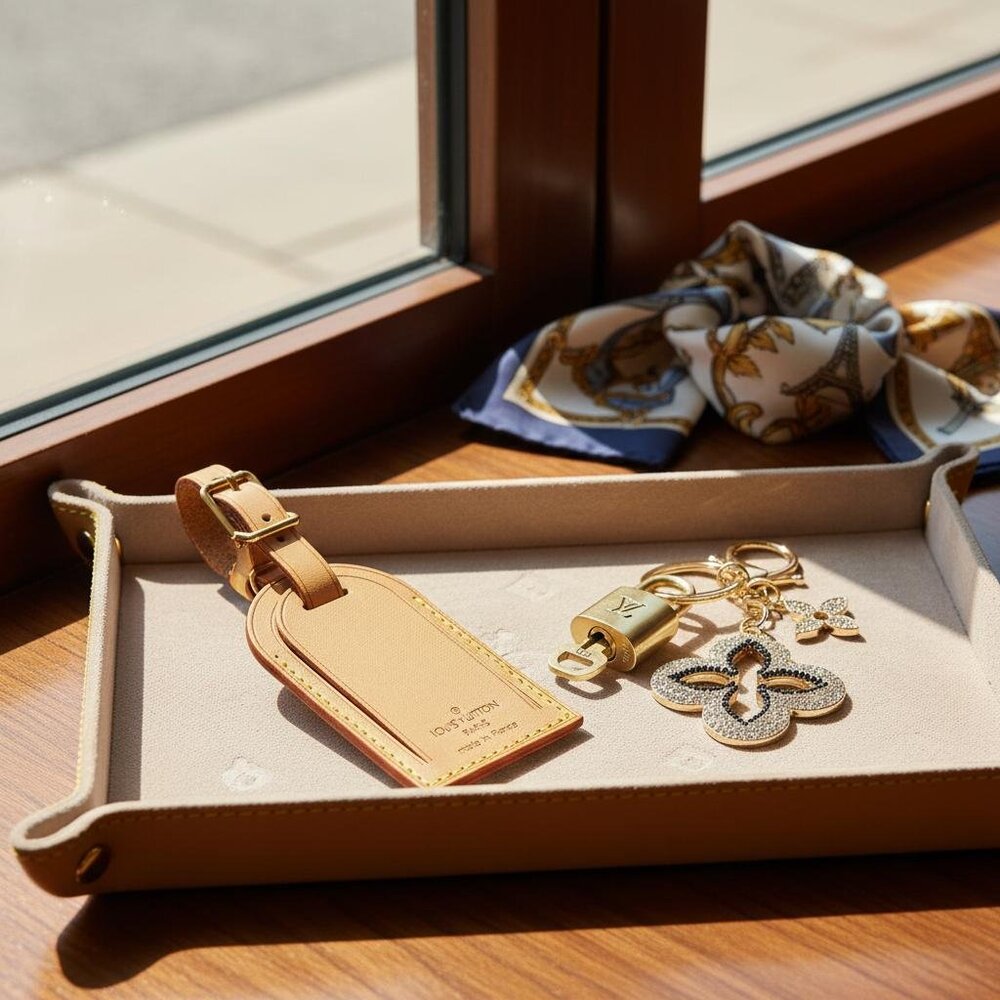 Authentic Louis Vuitton Tan Luggage Tag, Gold Padlock w/ Unbranded Keychain